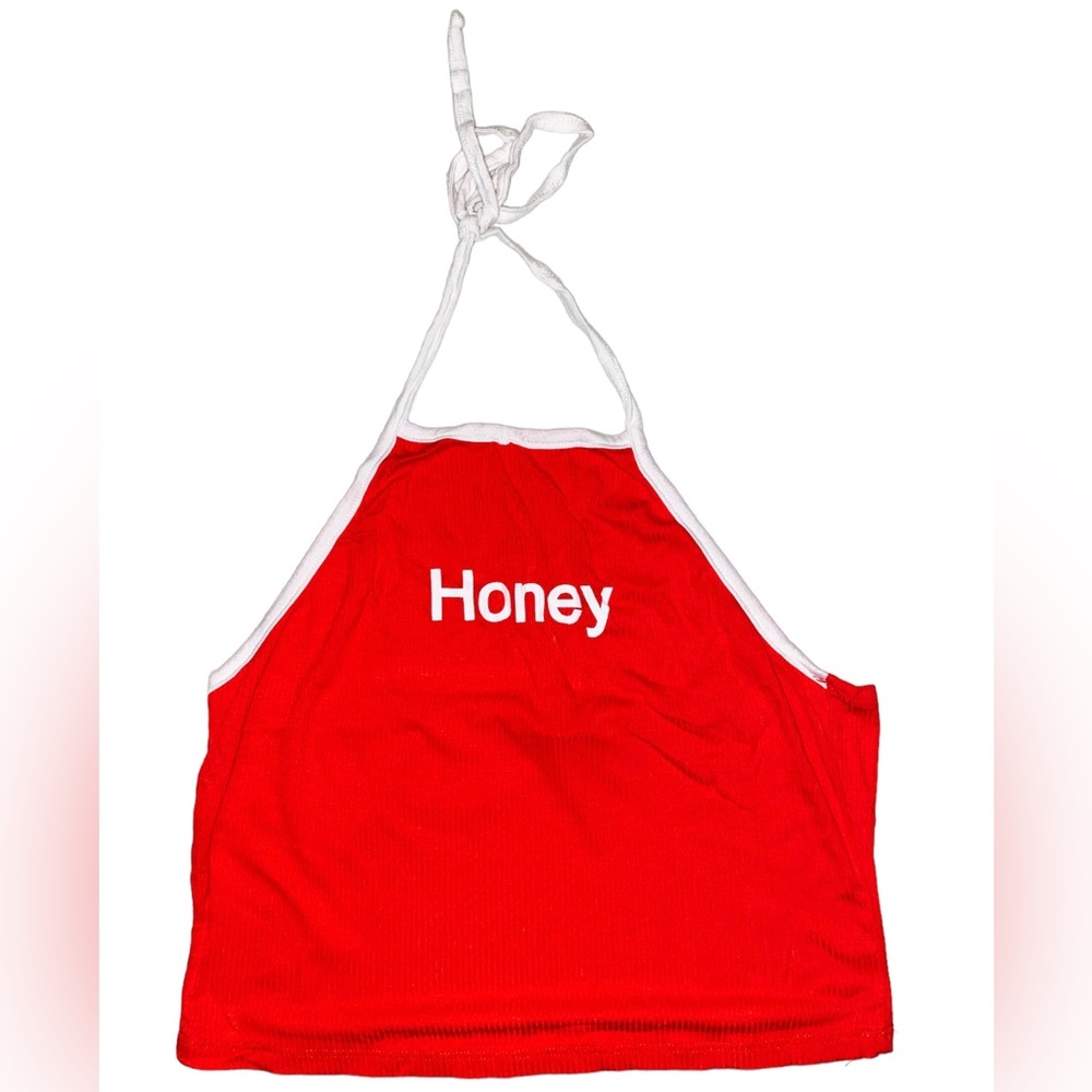 Red halter top with HONEY in white